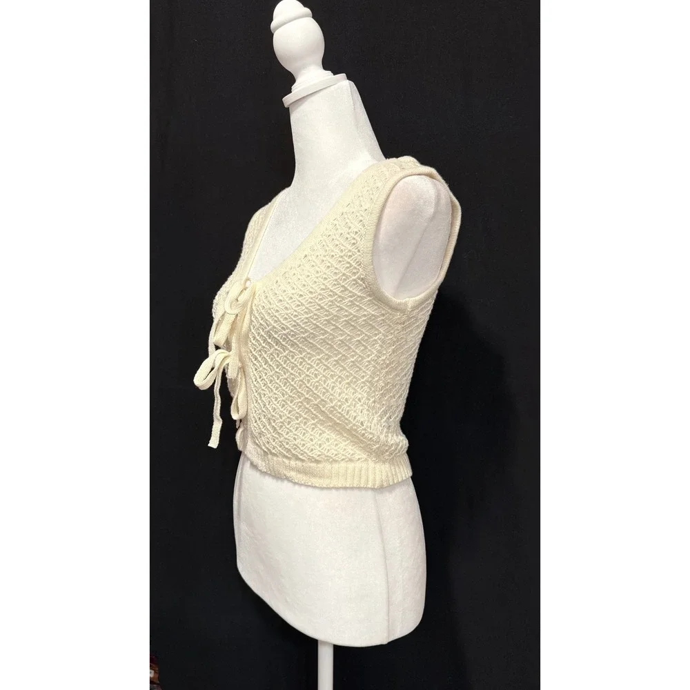 Hippie Rose Sweater Vest Womens Small Cream Boho Open Knit Front Tie Cropped‎